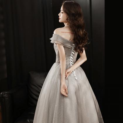 Gray Tulle Long A Line Prom Gown Evening Dress