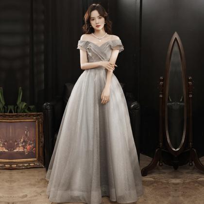 Gray Tulle Long A Line Prom Gown Evening Dress