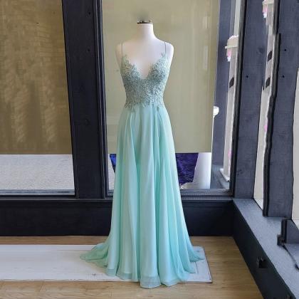 Green V Neck Lace Chiffon Long Prom Dress, Lace..