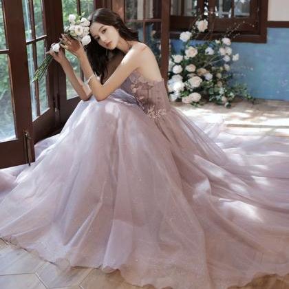 Pink Tulle Lace Long Prom Gown Evening Gown