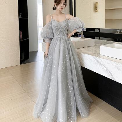 Gray Tulle Lace Long A Line Prom Dress Evening..