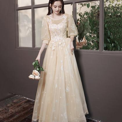 Champagne Tulle Lace Long Prom Dress Evening Gown