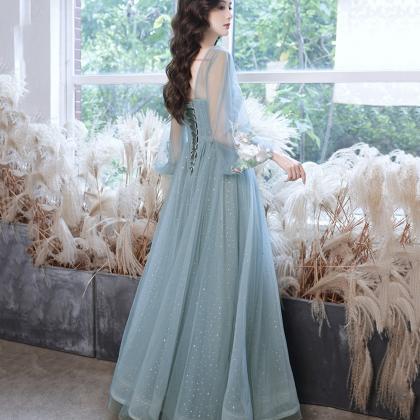Blue Tulle Lace Long Prom Dress Lace Evening Gown