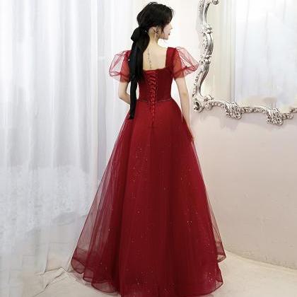 Burgundy Tulle Long A Line Prom Dress Evening Gown