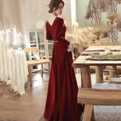 Elegant V Neck Velvet Long Prom Dress Long Sleeve..