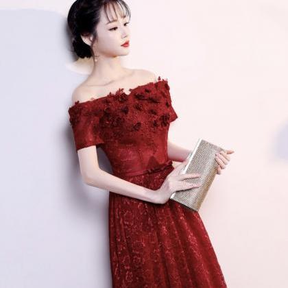 Burgundy Lace Long Prom Dress A Line Evening Gown
