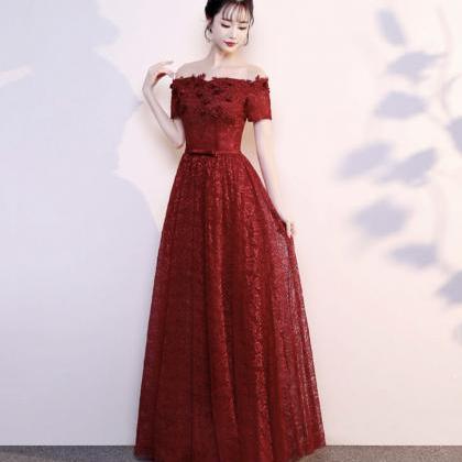Burgundy Lace Long Prom Dress A Line Evening Gown