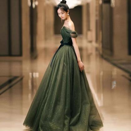 Green Tulle Long A Line Prom Dress Evening Gown