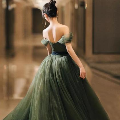 Green Tulle Long A Line Prom Dress Evening Gown