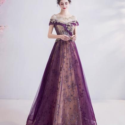 Purple Tulle Sequins Long Prom Dress A Line..