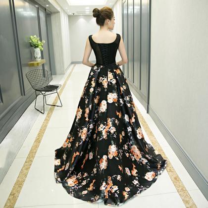 Black Floral Pattern Long A Line Prom Dress Black..