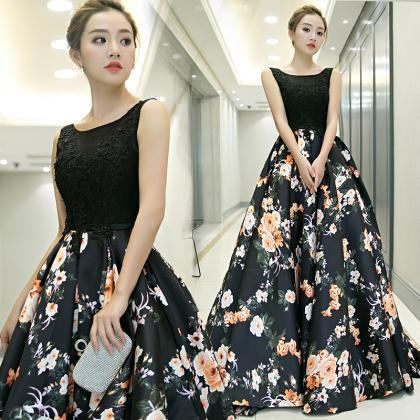 Black Floral Pattern Long A Line Prom Dress Black..