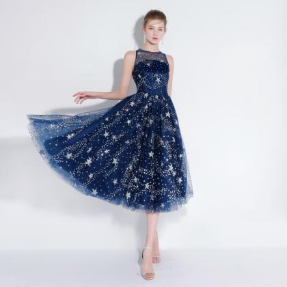 Blue Tulle Short Prom Dress With Stars