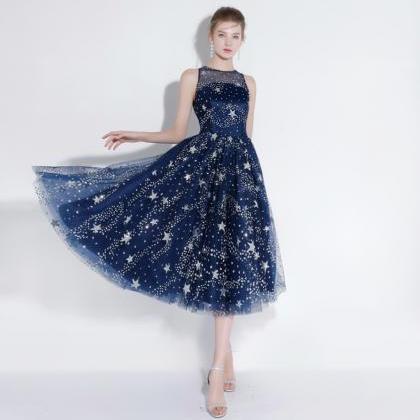 Blue Tulle Short Prom Dress With Stars