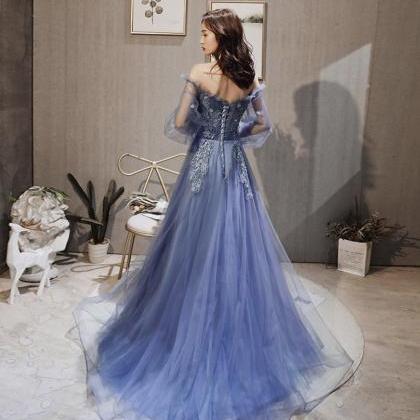 Blue Tulle Lace Long Prom Dress A Line Evening..