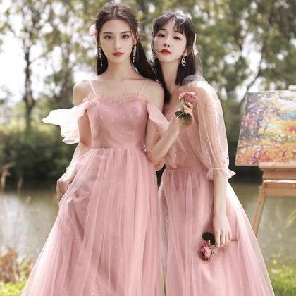 Pink Tulle Long A Line Prom Dress Bridesmaid Dress