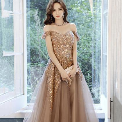 Stylish Tulle Sequins Long Prom Dress A Line..