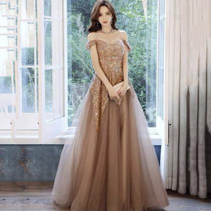Stylish Tulle Sequins Long Prom Dress A Line..
