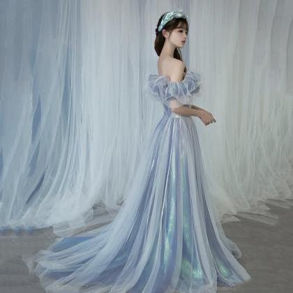 Romantic Tulle Long A Line Prom Dress Blue Evening..
