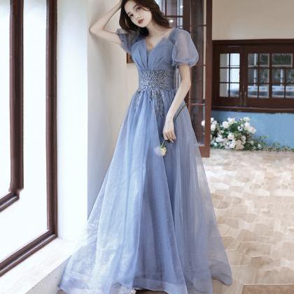 Pretty Blue Tulle Sequins Layered Prom Dress Long Slit Party Evening Gown cc2452