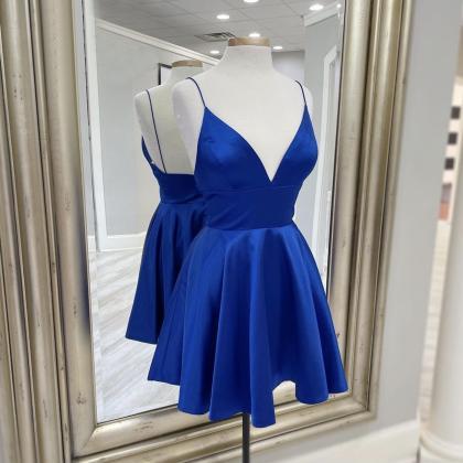 Blue Satin Short Prom Dress A Line Party Dress