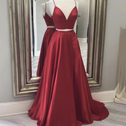 Red Two Pieces Satin Long Prom Dress A Line..