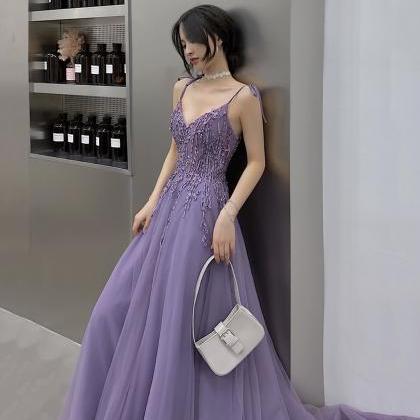 Purple Lace Long Prom Dress A Lin Evening Gown