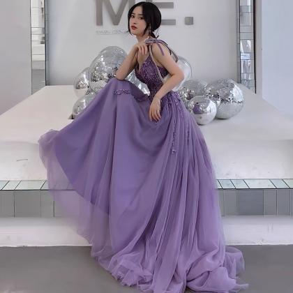 Purple Lace Long Prom Dress A Lin Evening Gown