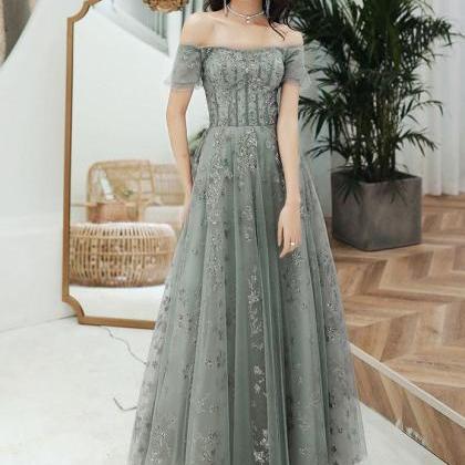 Gray Tulle Sequins Long Prom Dress A Line Evening..