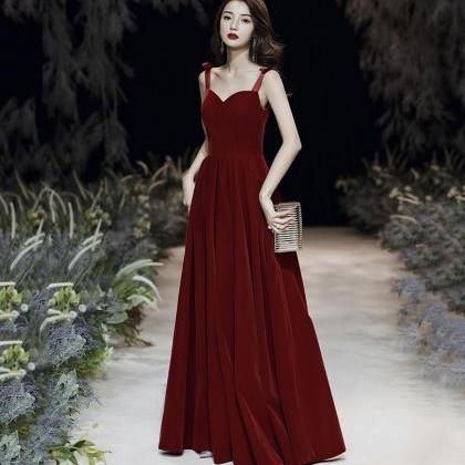 Red Velvet Long Prom Dress Simple Evening Gown