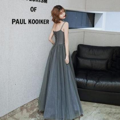 Gray Tulle Beads Long Prom Dress A Line Evening..