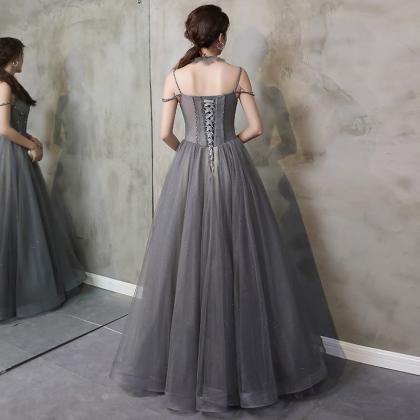 Gray Tulle Beads Long Prom Dress A Line Evening..