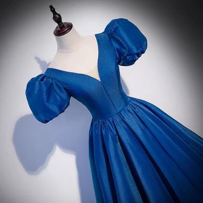 Blue Saitn Long Prom Dress A Line Evening Gown