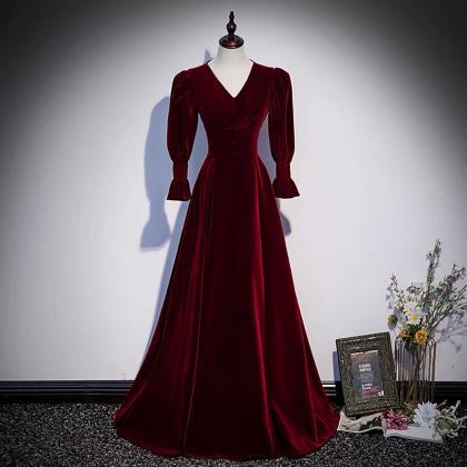 Burgundy Velvet Long Sleeve Prom Dress Evning..
