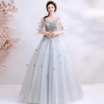 Gray Tulle Applique Long Prom Dress Evening Gown
