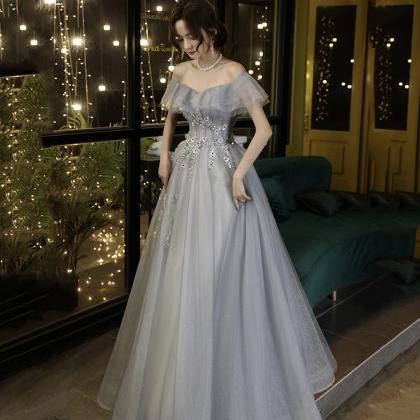 High Quality Tulle Long Prom Gown Gray A Line..