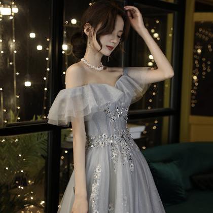 High Quality Tulle Long Prom Gown Gray A Line..