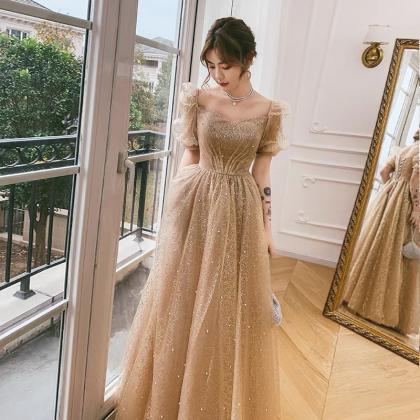 Gold Tulle Long Prom Dress A Line Evening Dress