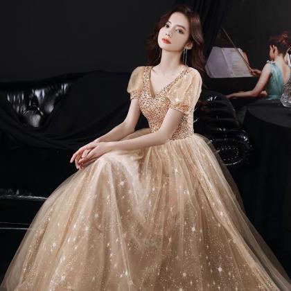 Gold Tulle Beads Long Prom Dress A Line Evening..