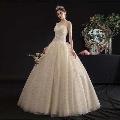 Champagnt Tulle Sequins Long Ball Gown Dress..