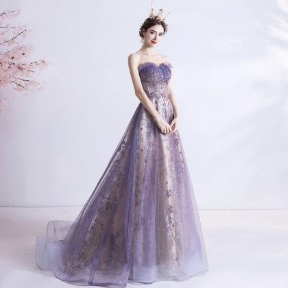Purple Tulle Sequins Long Prom Dress A Line..