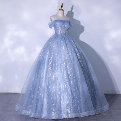 Blue Tulle Sequins Long Ball Gown Dress Formal..