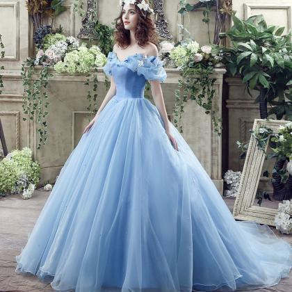 Blue Tulle Long Prom Dress Blue Evening Gown