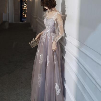 Purple Tulle Ace Long Prom Dress Evening Dress