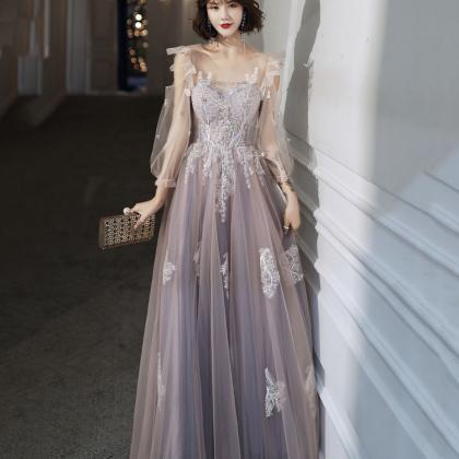 Purple Tulle Ace Long Prom Dress Evening Dress