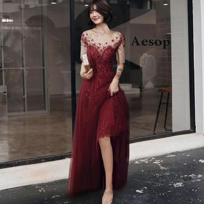 Burgundy Tulle Sequins Long Prom Dress Evening..