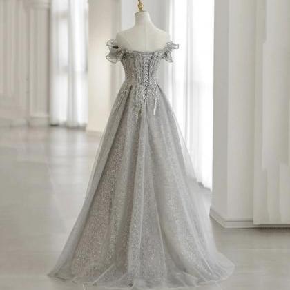 Gray Tulle Beads Long Prom Dress Gray Evening..