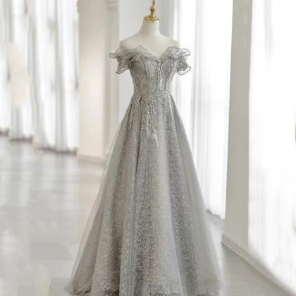Gray Tulle Beads Long Prom Dress Gray Evening..