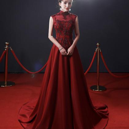 Red High Neck Beads Long Prom Dress A Line Evening..