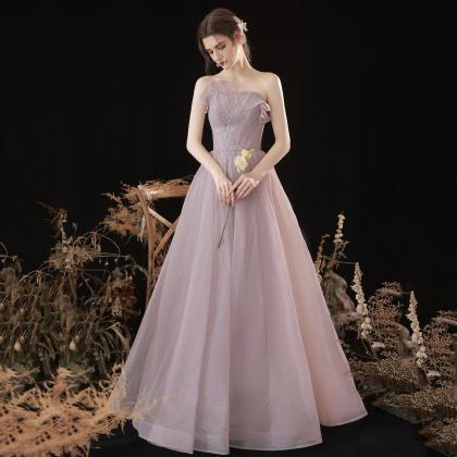 Pink Tulle Long A Line Prom Gown Pink Evening Gown